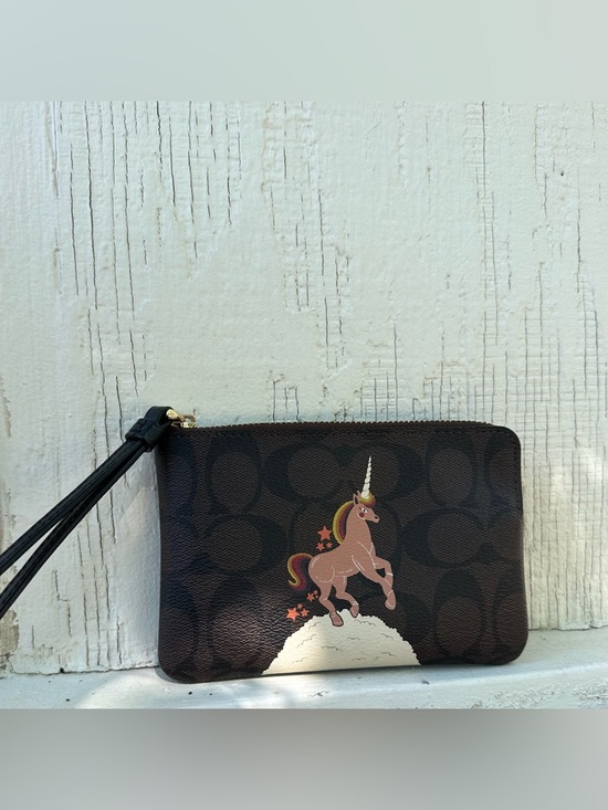 Coach Brown Signature Canvas Wristlet Wallet with Pink Unicorn and Gold Horn - Picture 2 of 5